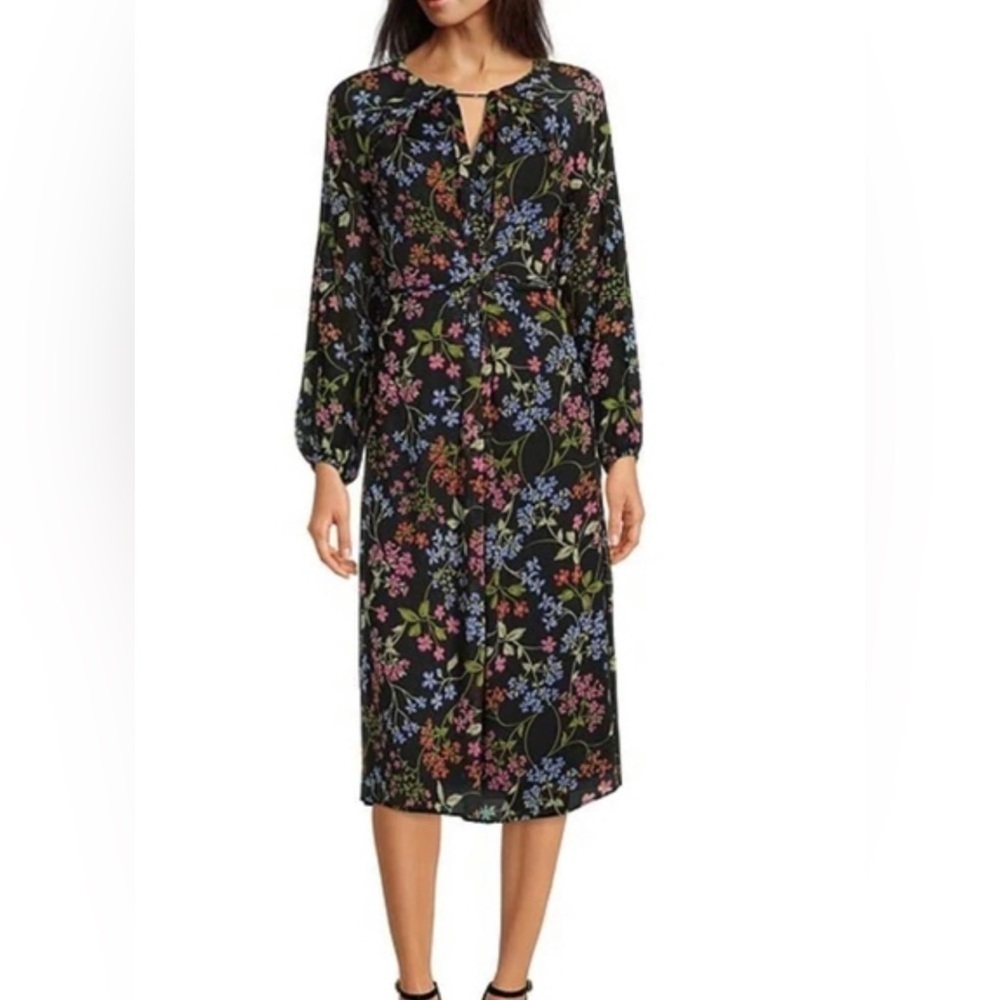 Calvin Klein Floral Print Long Blouson Sleeve Round Keyhole Neck